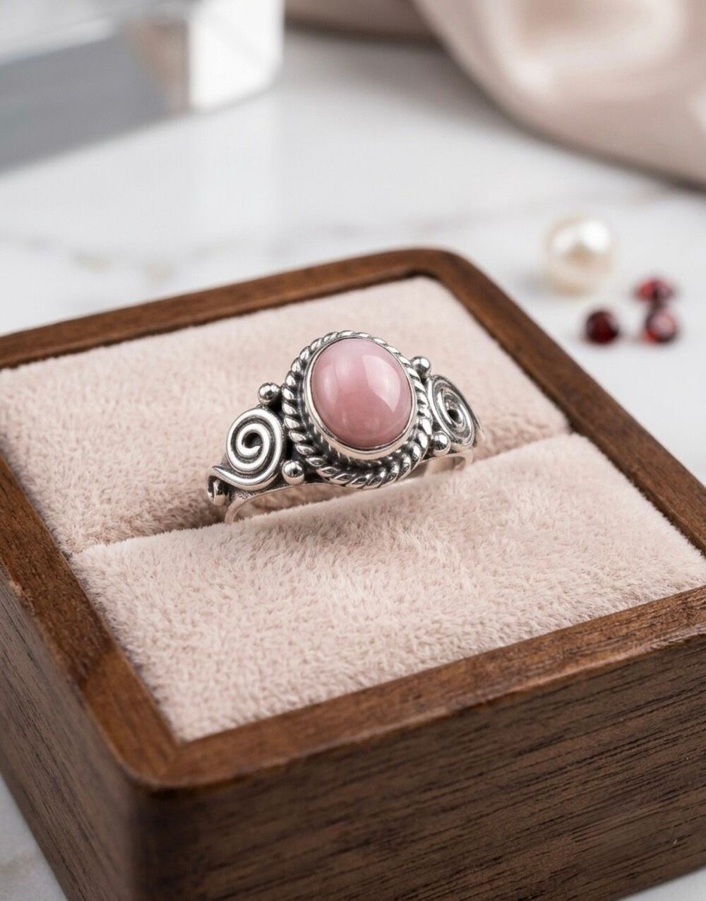 Western Pink Opal Oval Solitaire Swirl Accent Dainty Silver Ring Size 6 New